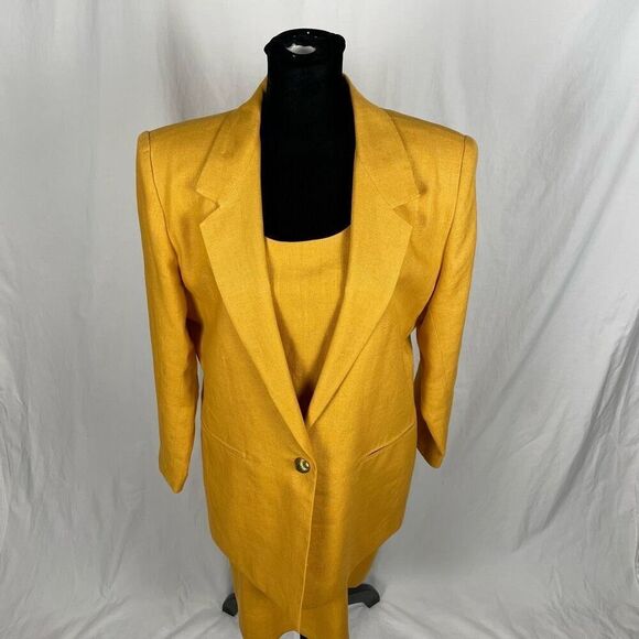 NY Sake Vintage 100% Linen Mustard Yellow Dress Suit Set - Women’s 10 - Picture 6 of 9